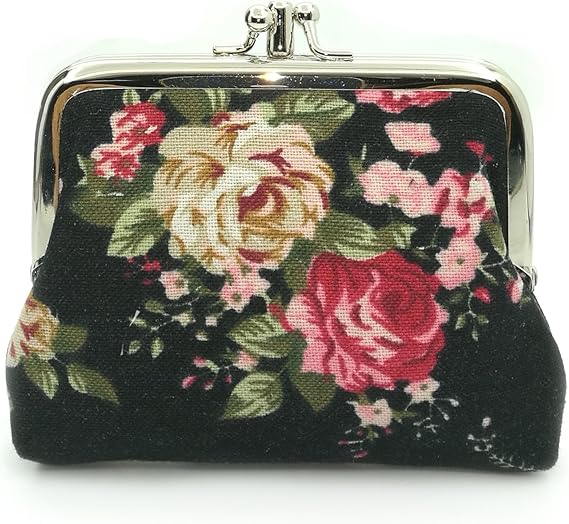 Vintage Floral Fabric Coin Purse with Dual Compartments | Double Kiss-Lock Change Purse for Women | Compact Retro Wallet