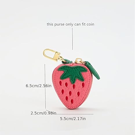 Mini Strawberry Coin Purse | Cute PU Leather Coin Pouch with Keychain Clip | Small Cartoon Zipper Wallet (2.56" × 2.17" × 0.98")