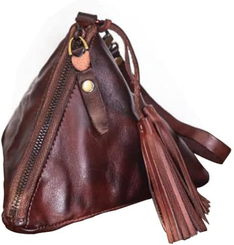 Vintage Triangle Leather Coin Purse | Handmade Oil Wax Leather Pouch with Tassel Zipper | Small Retro Key & Change Holder