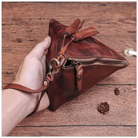 Vintage Triangle Leather Coin Purse | Handmade Oil Wax Leather Pouch with Tassel Zipper | Small Retro Key & Change Holder