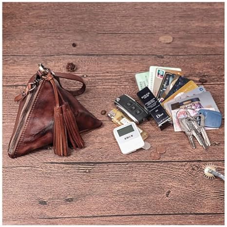 Vintage Triangle Leather Coin Purse | Handmade Oil Wax Leather Pouch with Tassel Zipper | Small Retro Key & Change Holder