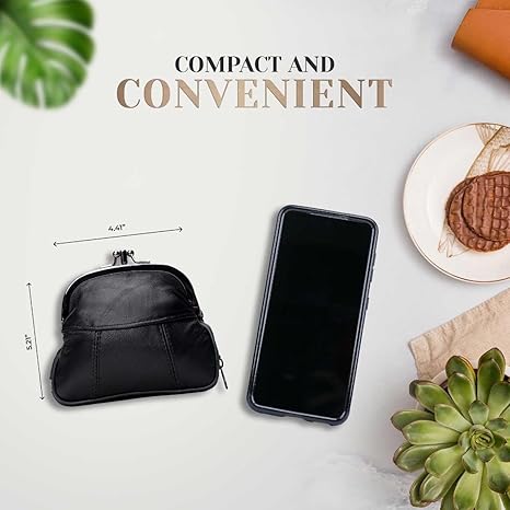 Vintage Black Kiss-Lock Coin Purse | Compact Multi-Compartment Mini Wallet | Faux Leather Zipper Pouch (4.4" × 4.1")
