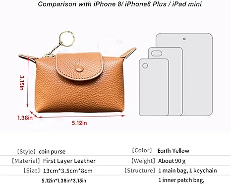 Genuine Leather Coin Purse with Key Ring | Earth Yellow Snap Wallet | Small Pouch with Inner Pocket (5.12" × 3.15" × 1.38")