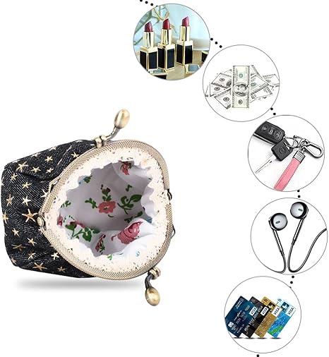 Vintage Starry Pattern Kiss-Lock Coin Purse | Retro Fabric Mini Wallet with Metal Frame | Small Multi-Purpose Storage Pouch