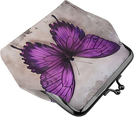 Vintage Purple Butterfly Kiss Lock Coin Purse | Artistic PU Leather Mini Wallet | Retro Clasp Change Pouch (4.52" × 4.13")