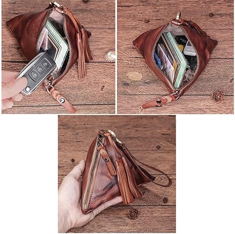 Vintage Triangle Leather Coin Purse | Handmade Oil Wax Leather Pouch with Tassel Zipper | Small Retro Key & Change Holder