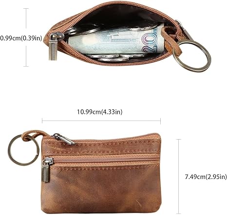 Vintage Brown PU Leather Coin Purse | Dual Zipper Keychain Wallet | Compact Multi-Function Card & Cash Pouch (4.33" × 2.95" × 0.39")