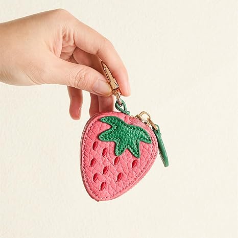 Mini Strawberry Coin Purse | Cute PU Leather Coin Pouch with Keychain Clip | Small Cartoon Zipper Wallet (2.56" × 2.17" × 0.98")