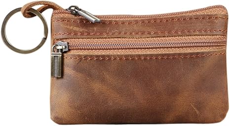 Vintage Brown PU Leather Coin Purse | Dual Zipper Keychain Wallet | Compact Multi-Function Card & Cash Pouch (4.33" × 2.95" × 0.39")