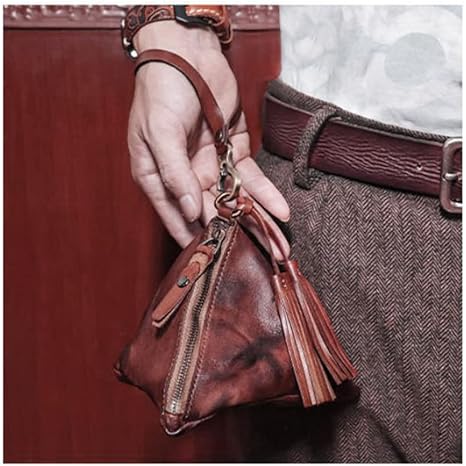 Vintage Triangle Leather Coin Purse | Handmade Oil Wax Leather Pouch with Tassel Zipper | Small Retro Key & Change Holder