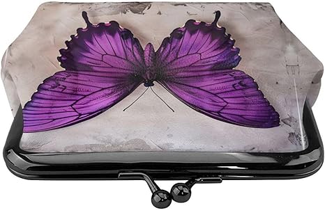Vintage Purple Butterfly Kiss Lock Coin Purse | Artistic PU Leather Mini Wallet | Retro Clasp Change Pouch (4.52" × 4.13")