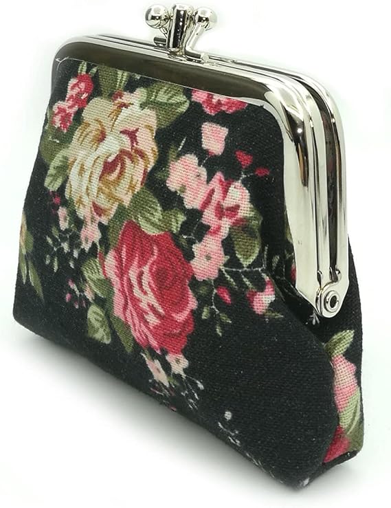 Vintage Floral Fabric Coin Purse with Dual Compartments | Double Kiss-Lock Change Purse for Women | Compact Retro Wallet