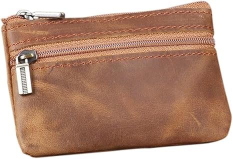 Vintage Brown PU Leather Coin Purse | Dual Zipper Keychain Wallet | Compact Multi-Function Card & Cash Pouch (4.33" × 2.95" × 0.39")