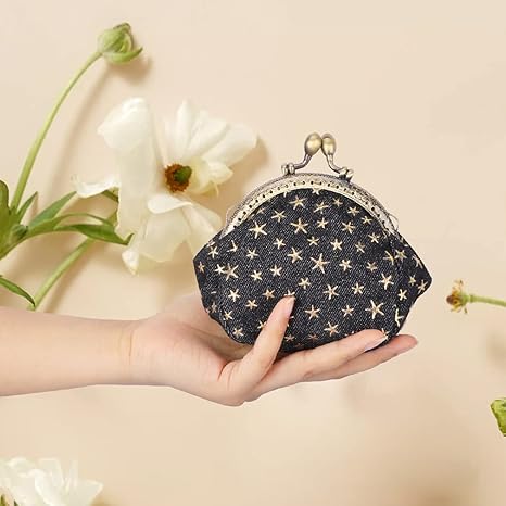 Vintage Starry Pattern Kiss-Lock Coin Purse | Retro Fabric Mini Wallet with Metal Frame | Small Multi-Purpose Storage Pouch