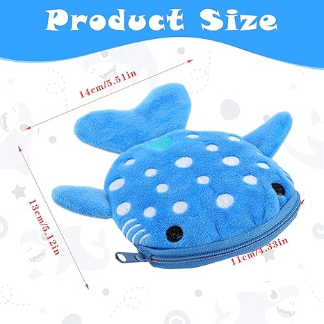 Cute Blue Whale Plush Coin Purse | Cartoon Animal Zipper Wallet for Kids | Soft Mini Change Holder (5.5" × 5.2" × 4.33")