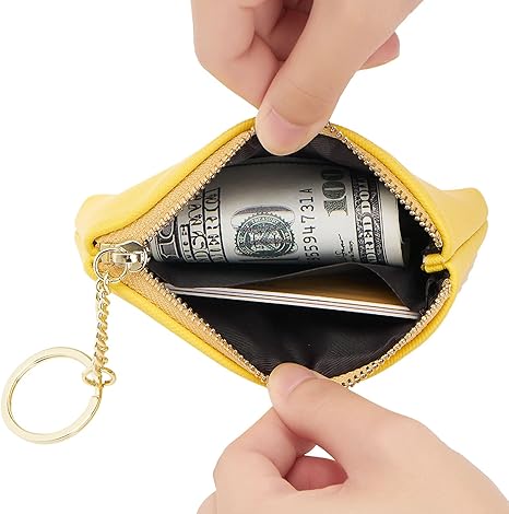 Minimalist Yellow PU Leather Coin Purse | Zipper Wallet with Key Ring | Compact Card & Cash Pouch (4.72" × 3.15")