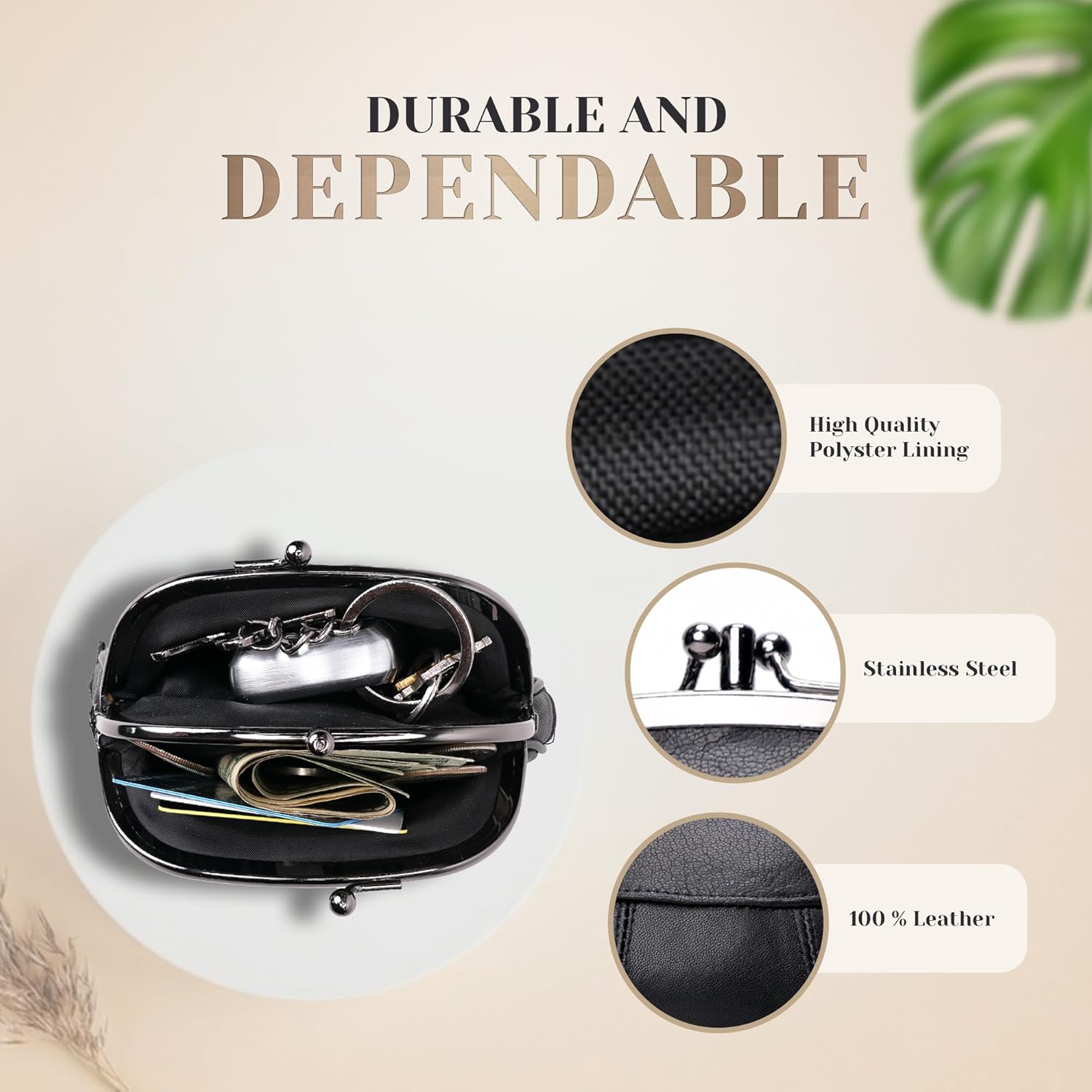 Vintage Black Kiss-Lock Coin Purse | Compact Multi-Compartment Mini Wallet | Faux Leather Zipper Pouch (4.4" × 4.1")