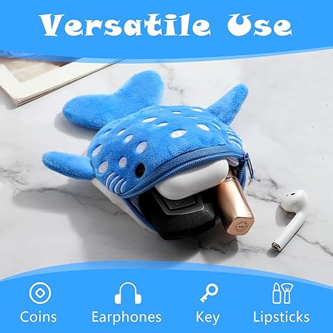 Cute Blue Whale Plush Coin Purse | Cartoon Animal Zipper Wallet for Kids | Soft Mini Change Holder (5.5" × 5.2" × 4.33")
