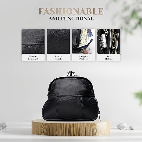Vintage Black Kiss-Lock Coin Purse | Compact Multi-Compartment Mini Wallet | Faux Leather Zipper Pouch (4.4" × 4.1")