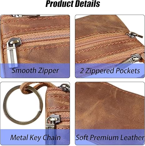 Vintage Brown PU Leather Coin Purse | Dual Zipper Keychain Wallet | Compact Multi-Function Card & Cash Pouch (4.33" × 2.95" × 0.39")