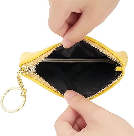 Minimalist Yellow PU Leather Coin Purse | Zipper Wallet with Key Ring | Compact Card & Cash Pouch (4.72" × 3.15")