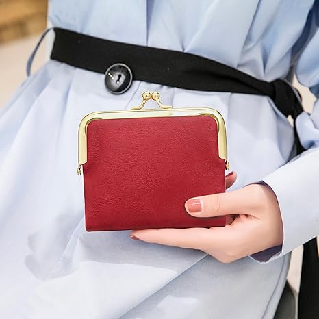 Vintage Red PU Leather Coin Purse with Metal Frame & Zipper | Women's Multi-Function Small Wallet (4.72" × 3.93" × 0.78")