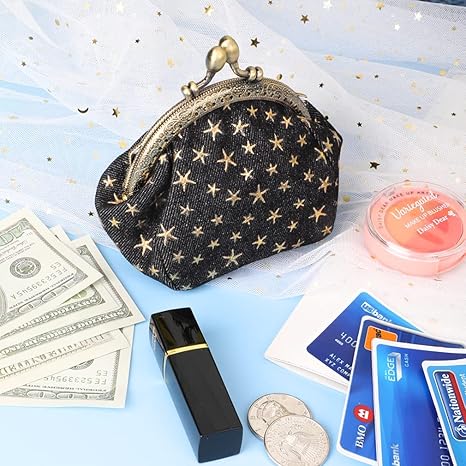 Vintage Starry Pattern Kiss-Lock Coin Purse | Retro Fabric Mini Wallet with Metal Frame | Small Multi-Purpose Storage Pouch