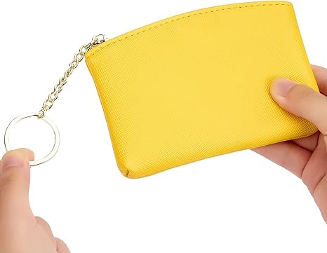 Minimalist Yellow PU Leather Coin Purse | Zipper Wallet with Key Ring | Compact Card & Cash Pouch (4.72" × 3.15")