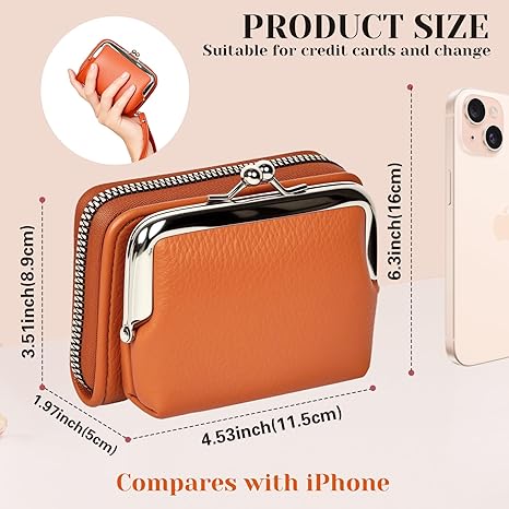 Large-Capacity Tri-Compartment PU Leather Coin Purse | Vintage Kiss-Lock Change Wallet with Zippered Pockets for Women (4.53" × 1.97" × 3.5")