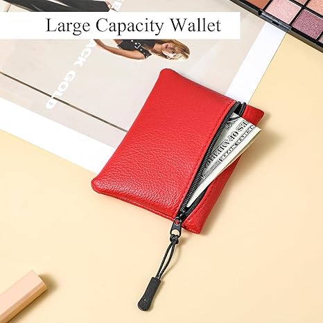 Minimalist Red PU Leather Coin Purse with Zipper | Compact Card & Cash Pouch | Unisex Pocket Wallet (4.72" × 3.54")