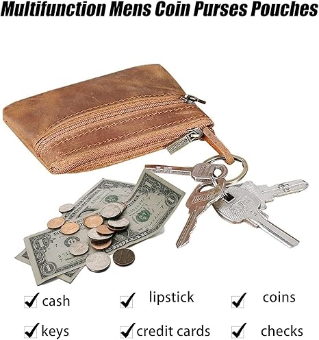 Vintage Brown PU Leather Coin Purse | Dual Zipper Keychain Wallet | Compact Multi-Function Card & Cash Pouch (4.33" × 2.95" × 0.39")