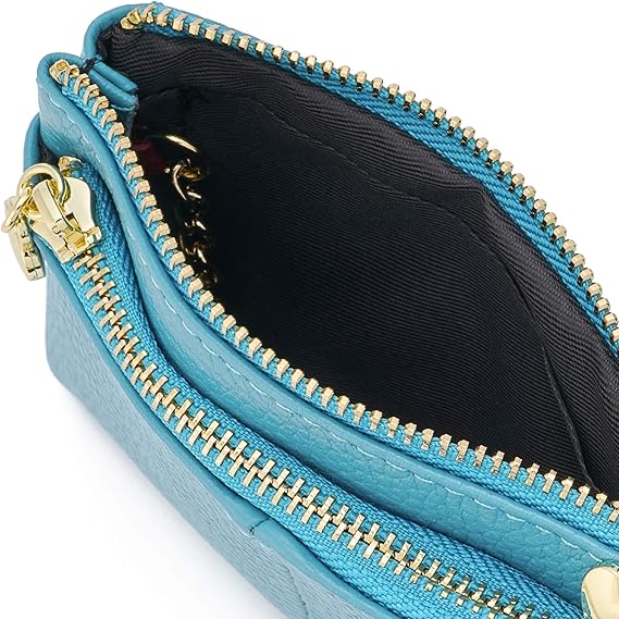 Fashion Blue PU Leather Coin Purse with Dual Zippers | Heart Charm Wallet with Key Ring | Multi-Function Card & Change Holder (5.12" × 3.35" × 0.79")