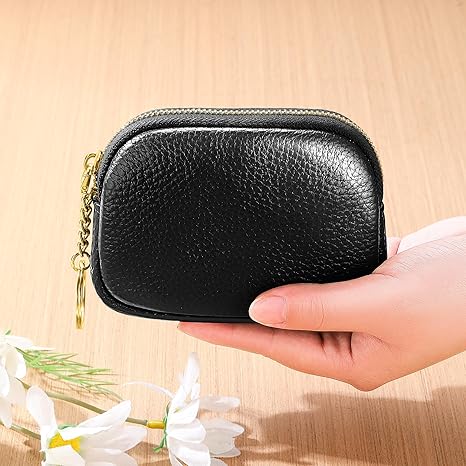 Minimalist Black PU Leather Coin Purse with Key Ring | Compact Zipper Wallet for Coins, Cards & Small Items (3.9" × 2.8" × 1.2")