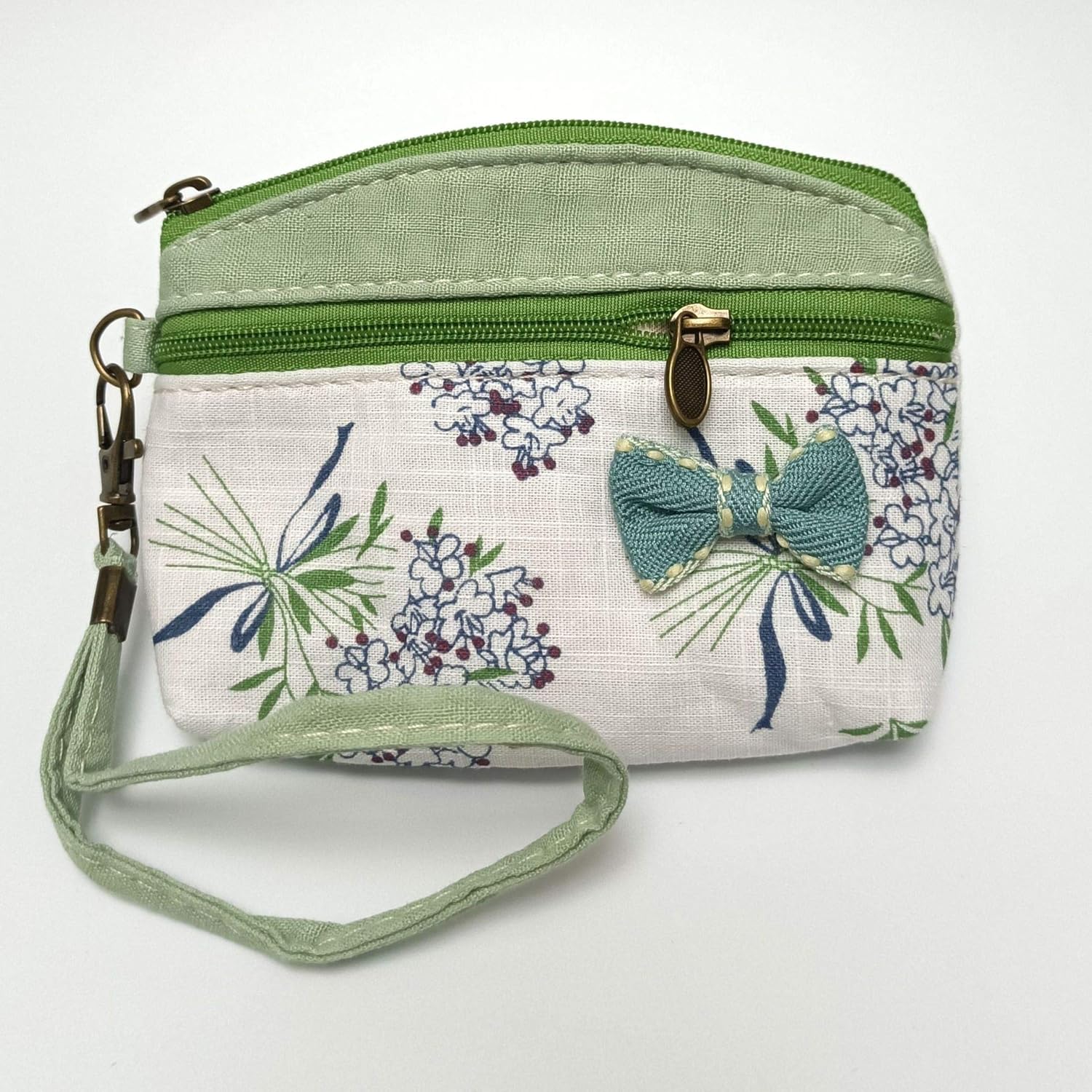 Floral Fabric Coin Purse with Bow | Double Zipper Wristlet Pouch | Cute Handmade-Style Small Wallet (Approx. 5.9" × 3.9")