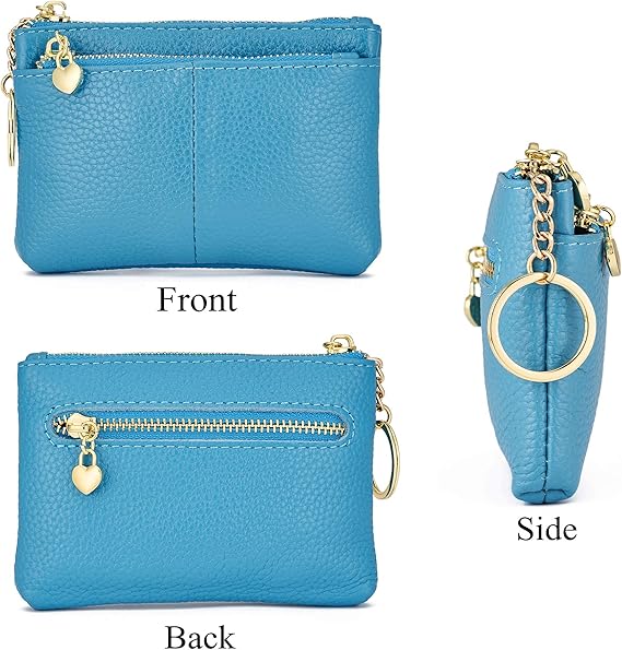 Fashion Blue PU Leather Coin Purse with Dual Zippers | Heart Charm Wallet with Key Ring | Multi-Function Card & Change Holder (5.12" × 3.35" × 0.79")