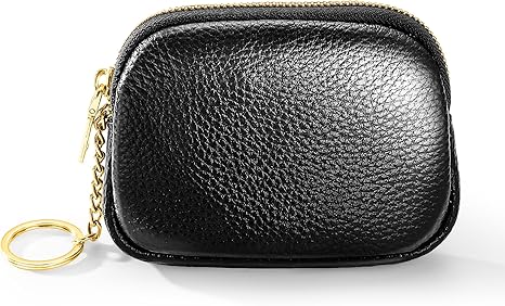 Minimalist Black PU Leather Coin Purse with Key Ring | Compact Zipper Wallet for Coins, Cards & Small Items (3.9" × 2.8" × 1.2")