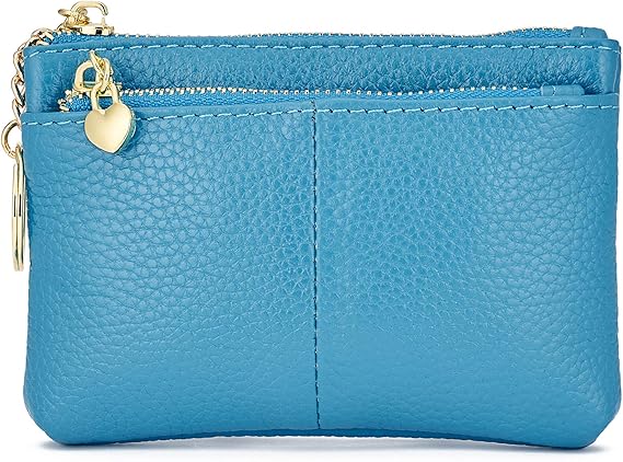 Fashion Blue PU Leather Coin Purse with Dual Zippers | Heart Charm Wallet with Key Ring | Multi-Function Card & Change Holder (5.12" × 3.35" × 0.79")