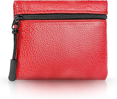 Minimalist Red PU Leather Coin Purse with Zipper | Compact Card & Cash Pouch | Unisex Pocket Wallet (4.72" × 3.54")