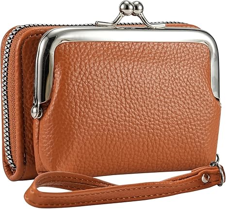 Large-Capacity Tri-Compartment PU Leather Coin Purse | Vintage Kiss-Lock Change Wallet with Zippered Pockets for Women (4.53" × 1.97" × 3.5")
