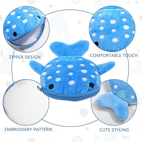 Cute Blue Whale Plush Coin Purse | Cartoon Animal Zipper Wallet for Kids | Soft Mini Change Holder (5.5" × 5.2" × 4.33")