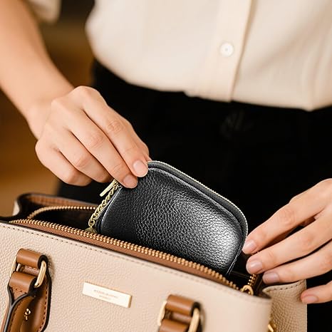 Minimalist Black PU Leather Coin Purse with Key Ring | Compact Zipper Wallet for Coins, Cards & Small Items (3.9" × 2.8" × 1.2")