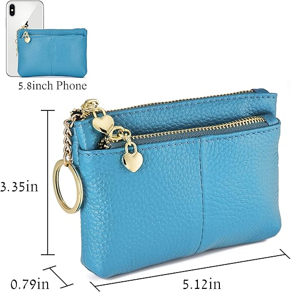 Fashion Blue PU Leather Coin Purse with Dual Zippers | Heart Charm Wallet with Key Ring | Multi-Function Card & Change Holder (5.12" × 3.35" × 0.79")