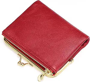 Vintage Red PU Leather Coin Purse with Metal Frame & Zipper | Women's Multi-Function Small Wallet (4.72" × 3.93" × 0.78")