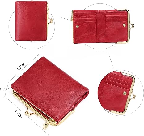 Vintage Red PU Leather Coin Purse with Metal Frame & Zipper | Women's Multi-Function Small Wallet (4.72" × 3.93" × 0.78")
