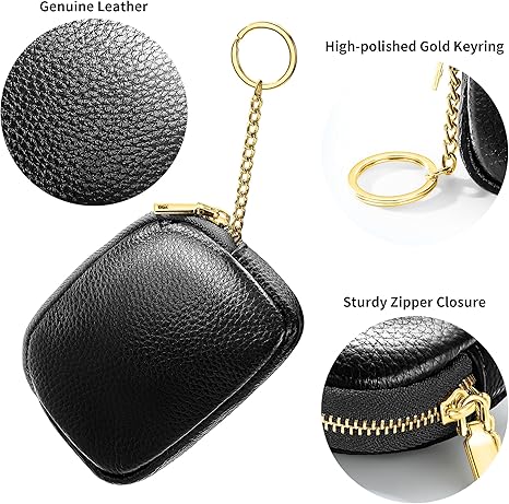 Minimalist Black PU Leather Coin Purse with Key Ring | Compact Zipper Wallet for Coins, Cards & Small Items (3.9" × 2.8" × 1.2")
