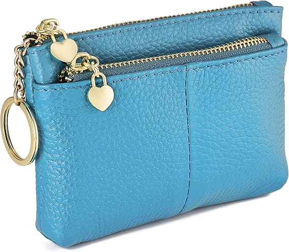 Fashion Blue PU Leather Coin Purse with Dual Zippers | Heart Charm Wallet with Key Ring | Multi-Function Card & Change Holder (5.12" × 3.35" × 0.79")