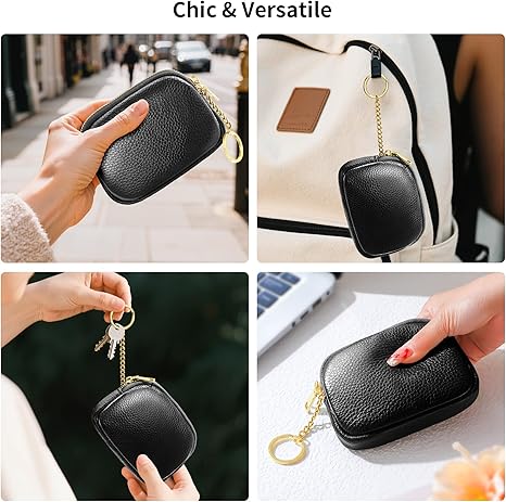 Minimalist Black PU Leather Coin Purse with Key Ring | Compact Zipper Wallet for Coins, Cards & Small Items (3.9" × 2.8" × 1.2")