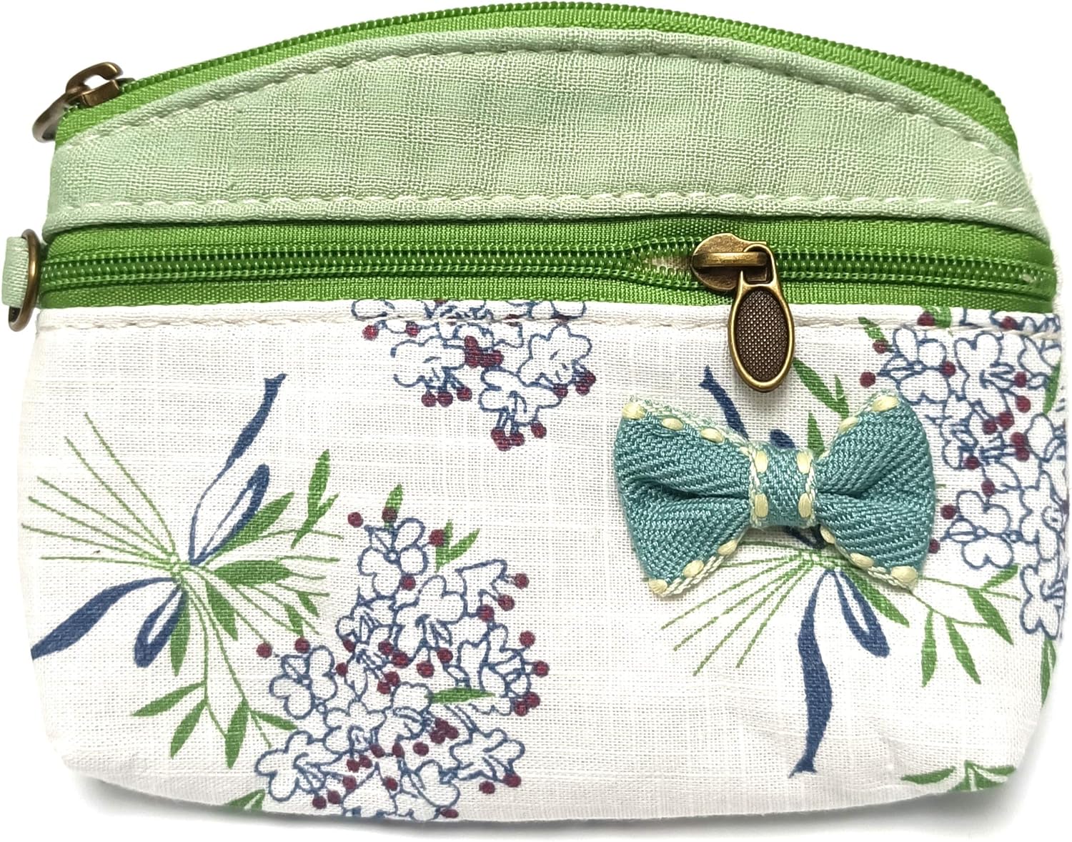 Floral Fabric Coin Purse with Bow | Double Zipper Wristlet Pouch | Cute Handmade-Style Small Wallet (Approx. 5.9" × 3.9")